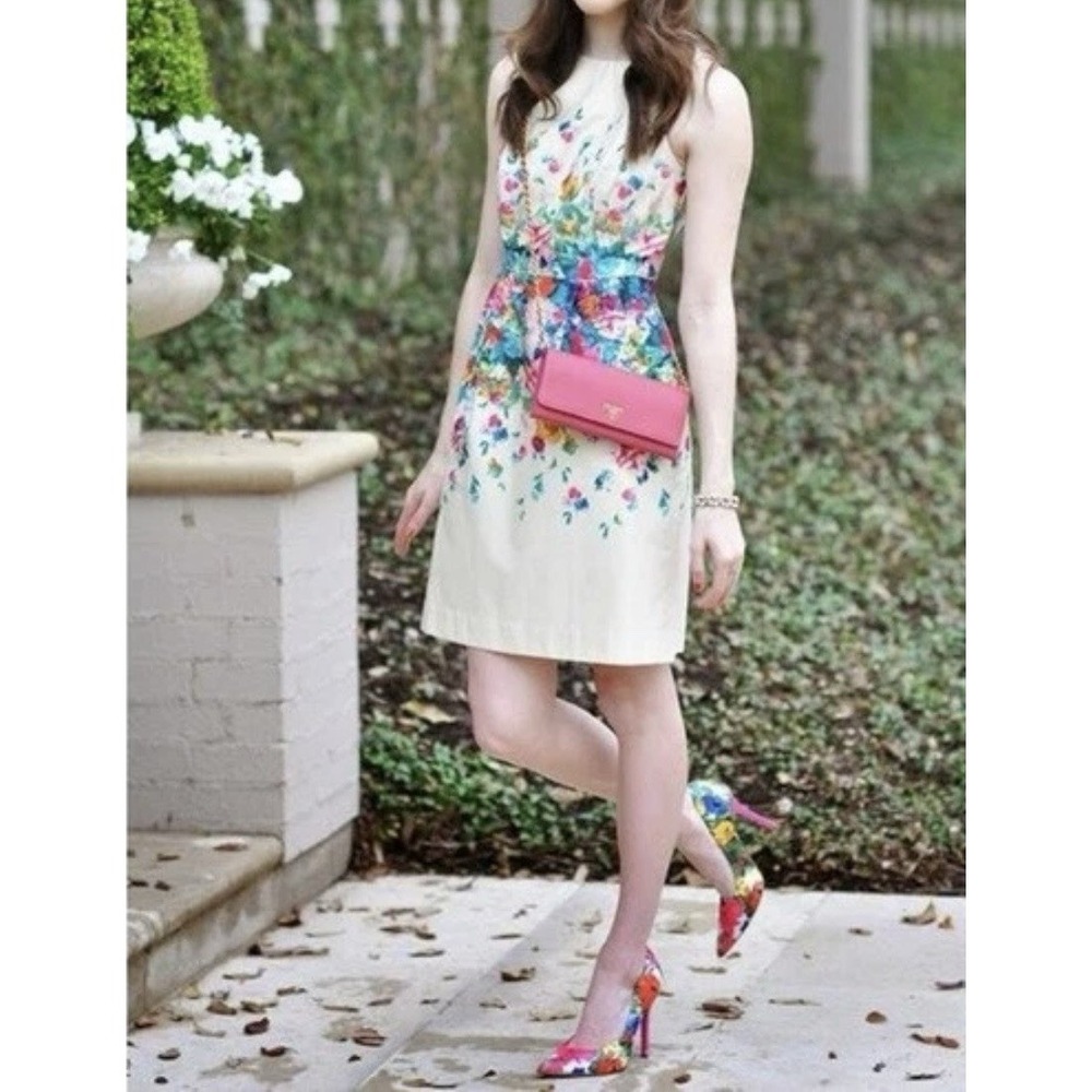 Anthropologie Maeve Tea Garden Floral Sheath Dress Size 6 Cream Cutout Lined